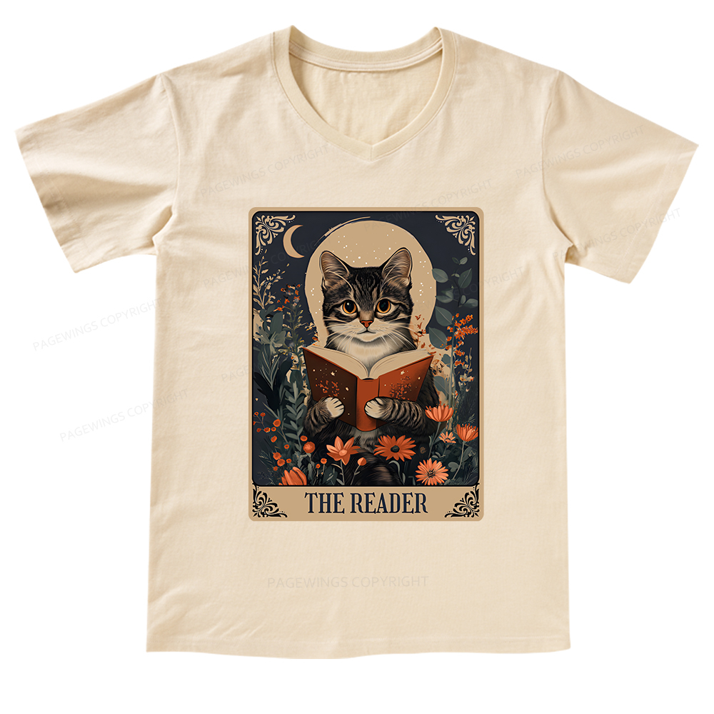 Pagewings The Reader Tarot Card Cat V-neck T-shirt