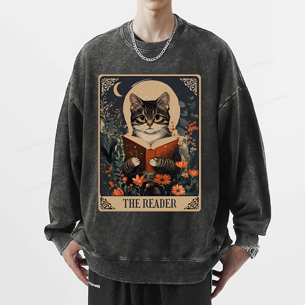 Pagewings The Reader Tarot Card Cat Unisex Washed Sweatshirt