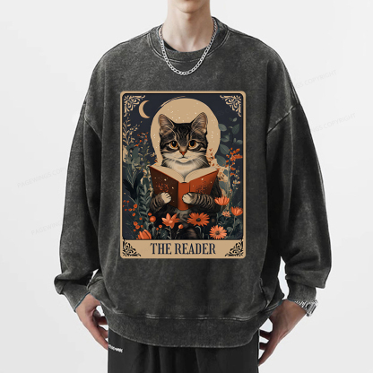 Pagewings The Reader Tarot Card Cat Unisex Washed Sweatshirt
