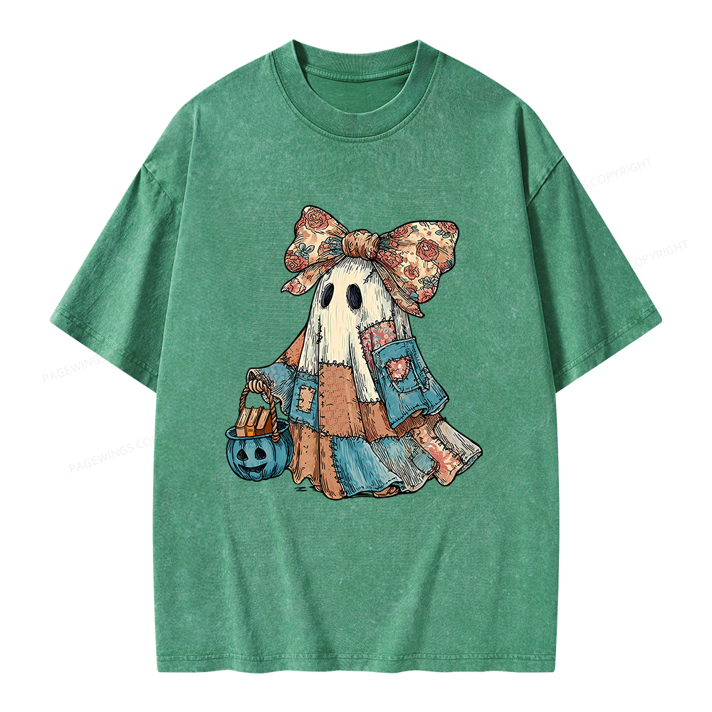 Pagewings Halloween Patchwork Spooky Ghost Buy Books Unisex Washed T-shirt