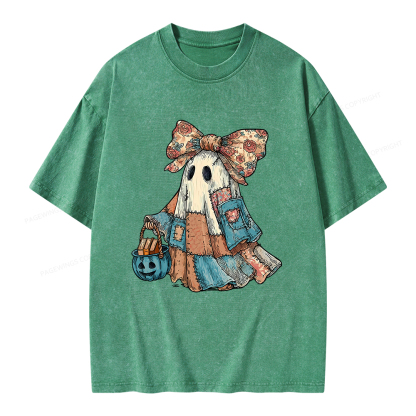 Pagewings Halloween Patchwork Spooky Ghost Buy Books Unisex Washed T-shirt