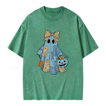 Pagewings Halloween Patchwork Spooky Ghost Reading Books Unisex Washed T-shirt