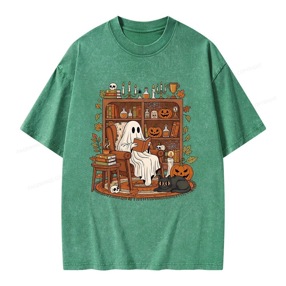 Pagewings Cozy Ghost Reading Halloween Unisex Washed T-shirt