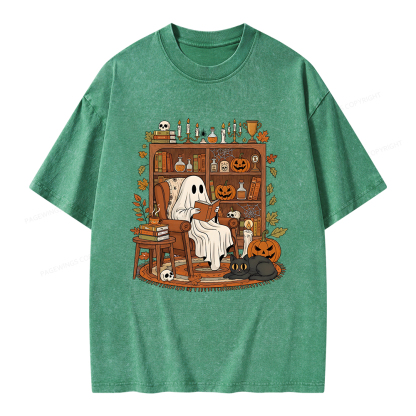 Pagewings Cozy Ghost Reading Halloween Unisex Washed T-shirt