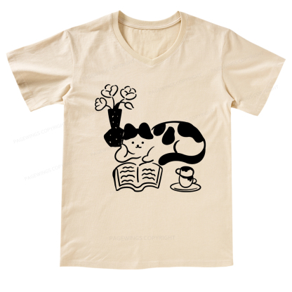Pagewings The Cat Who Loves Reading V-neck T-shirt