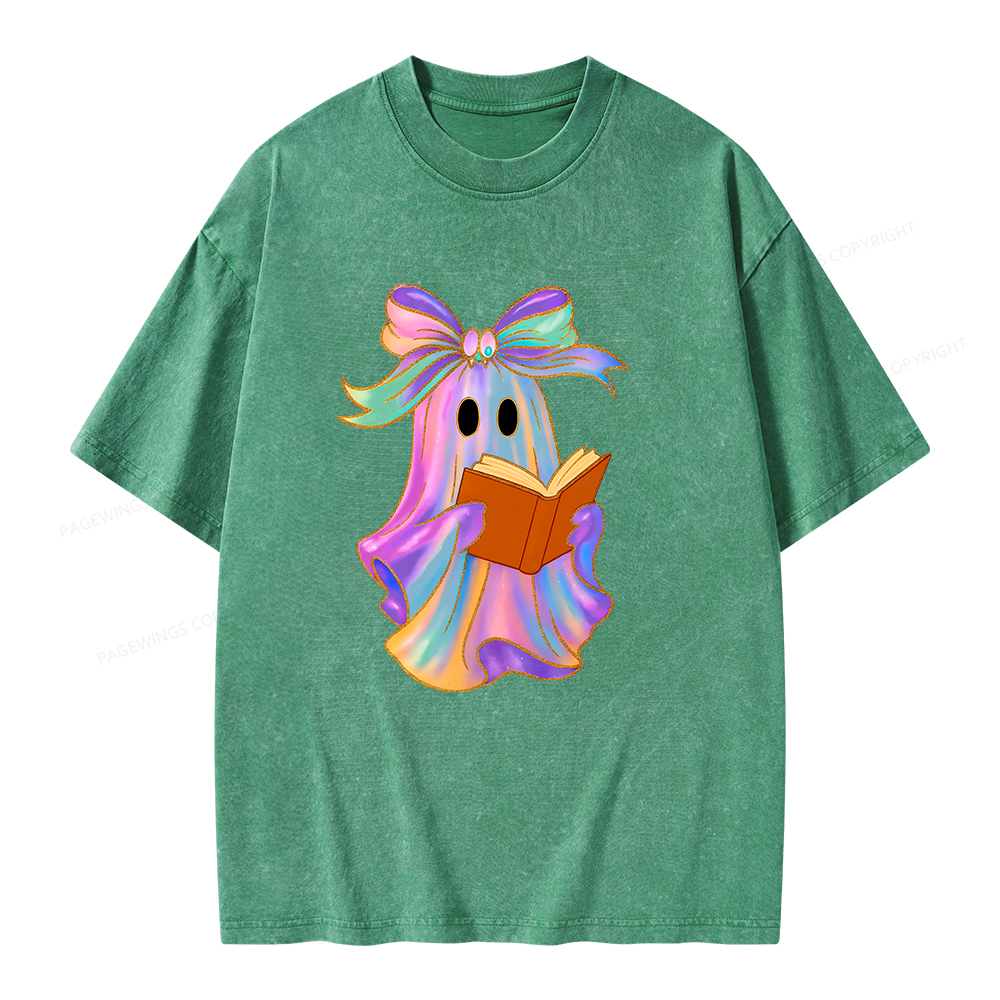 Pagewings Ghost Reading Halloween Unisex Washed T-shirt