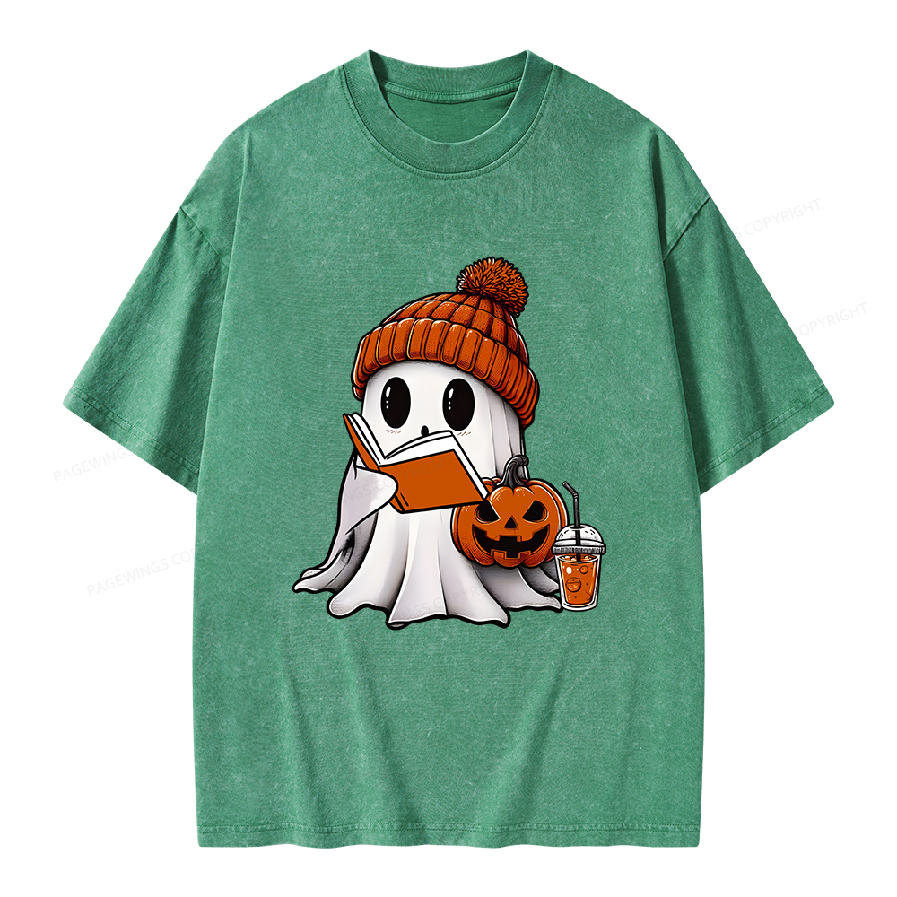 Pagewings Halloween Ghost Book Lover Unisex Washed T-shirt