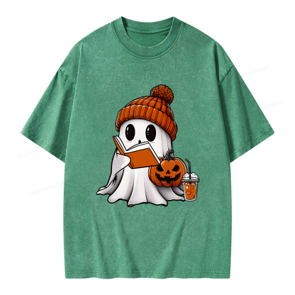 Pagewings Halloween Ghost Book Lover Unisex Washed T-shirt