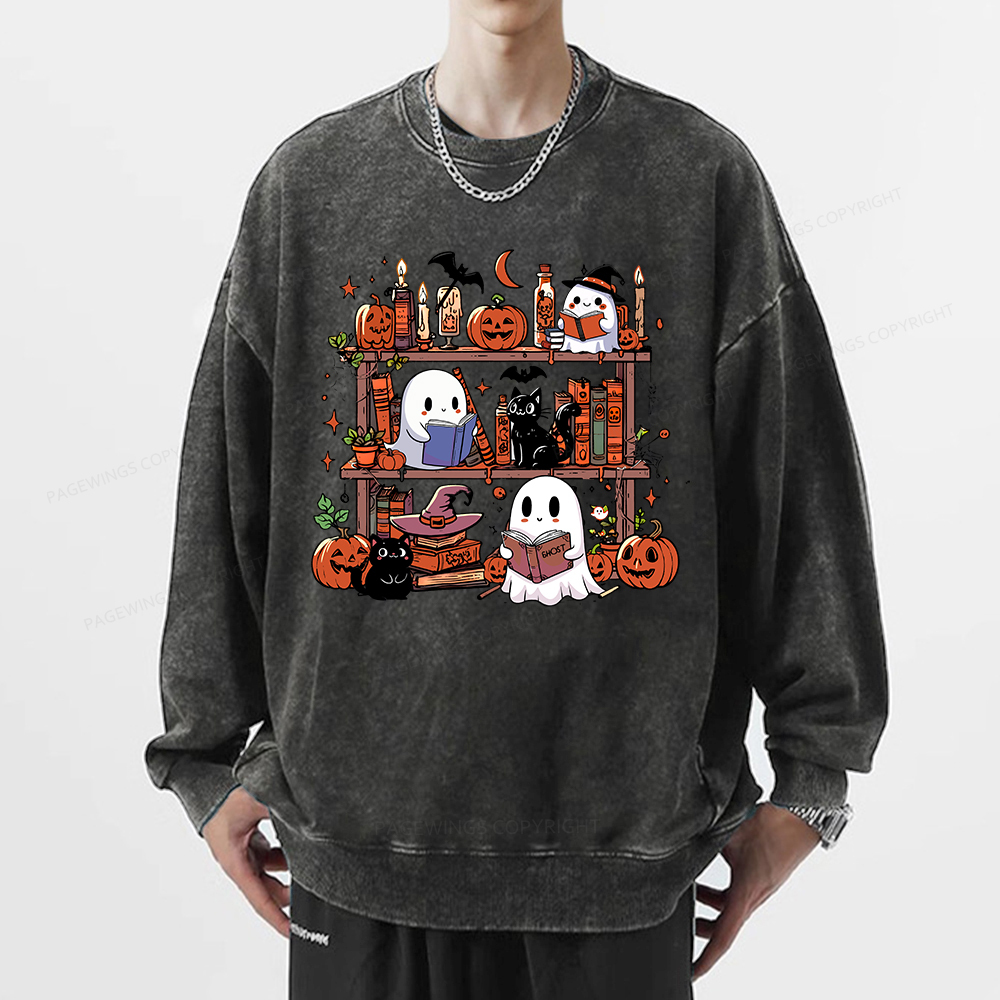 Pagewings Halloween Library Unisex Washed Sweatshirt