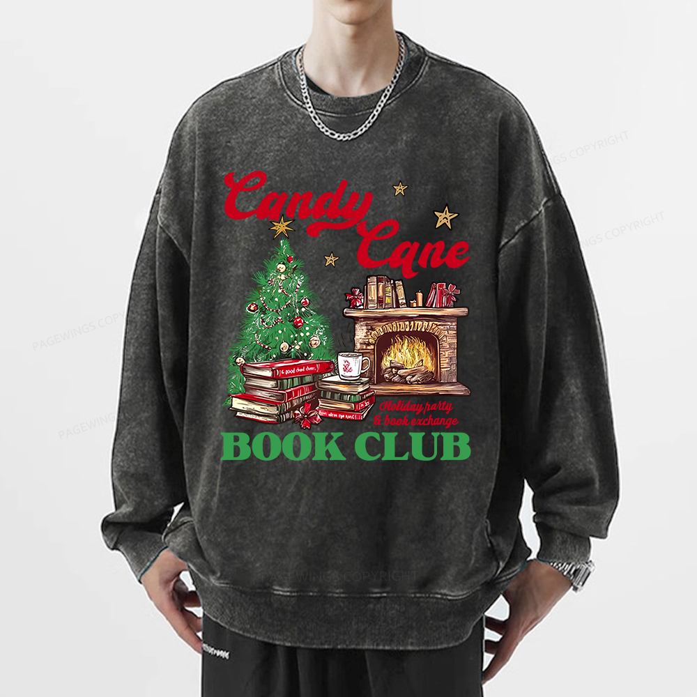 Pagewings Candy Cane Christmas Book Club Unisex Washed Sweatshirt