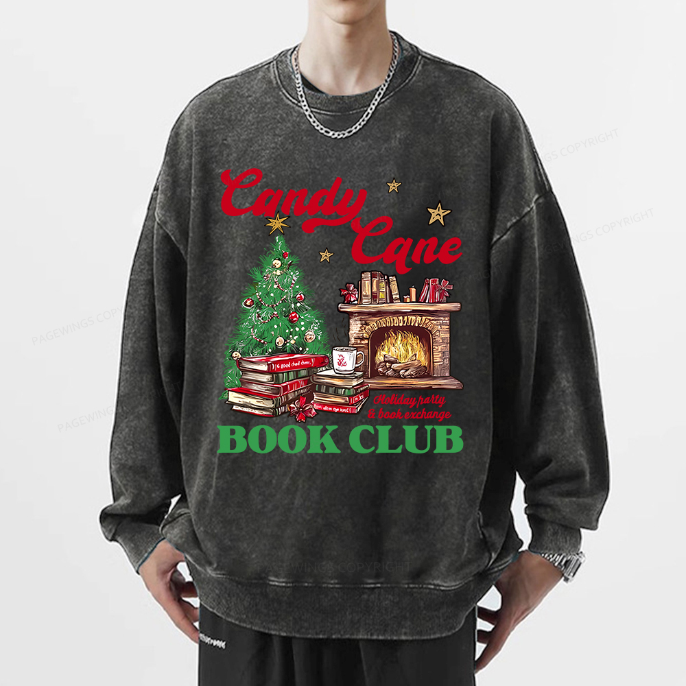 Pagewings Candy Cane Christmas Book Club Unisex Washed Sweatshirt