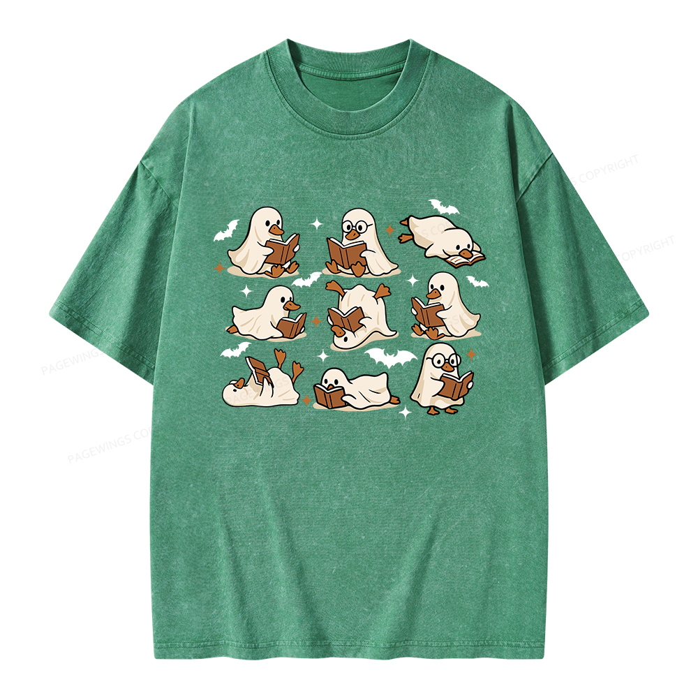 Pagewings Ghost Duck Reading Books Unisex Washed T-shirt