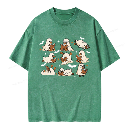 Pagewings Ghost Duck Reading Books Unisex Washed T-shirt