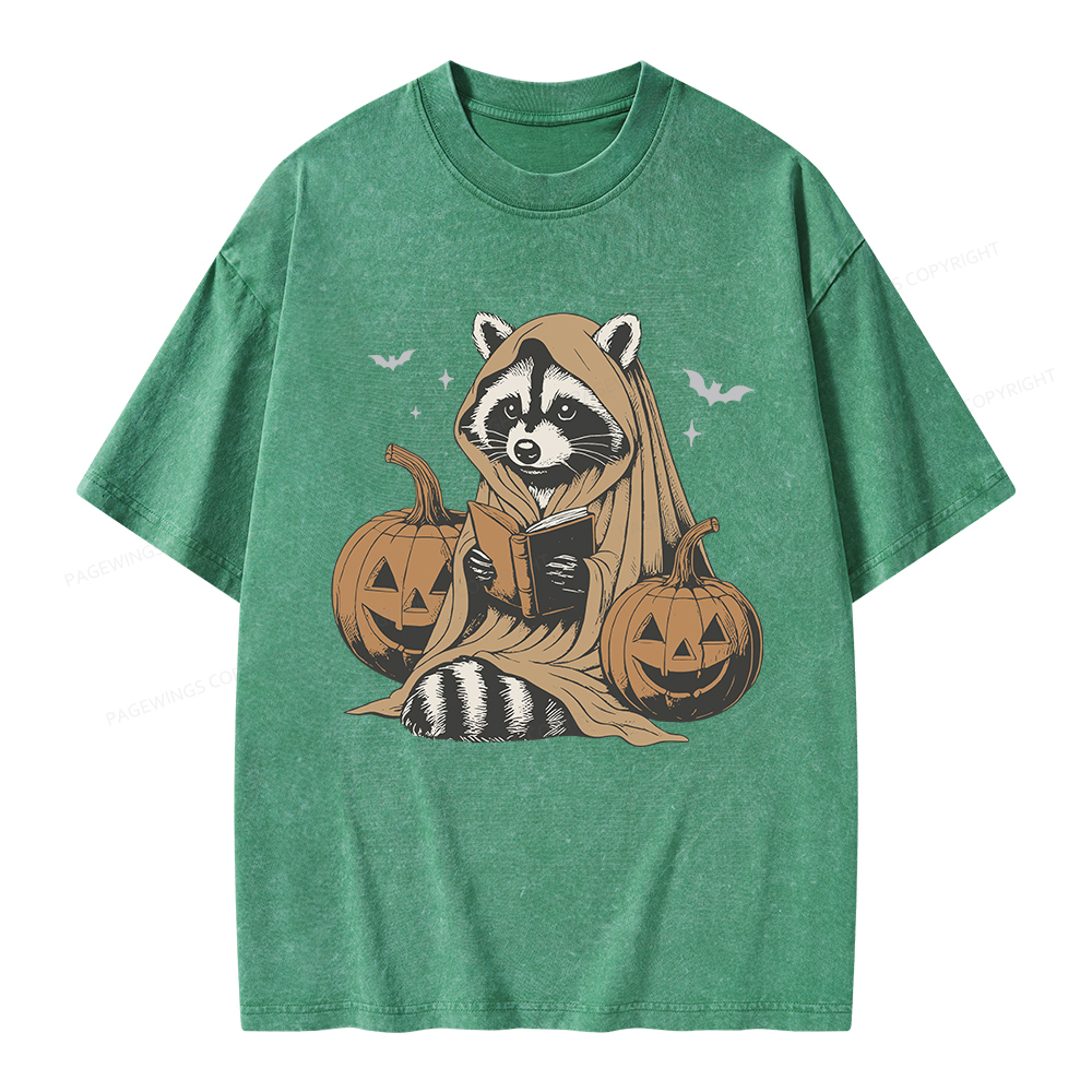 Pagewings Halloween Cute Raccoon Ghost Reading Unisex Washed T-shirt