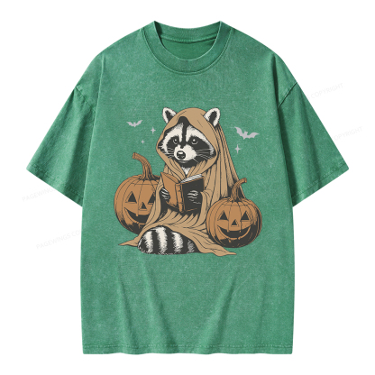 Pagewings Halloween Cute Raccoon Ghost Reading Unisex Washed T-shirt