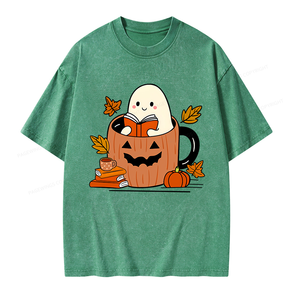 Pagewings Ghost Reading Books Unisex Washed T-shirt
