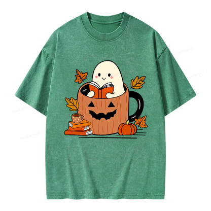 Pagewings Ghost Reading Books Unisex Washed T-shirt