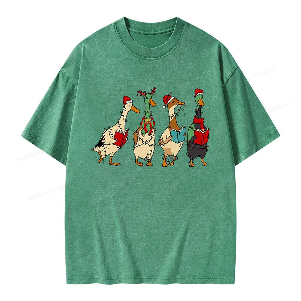 Pagewings Christmas Ducks Reading Unisex Washed T-shirt