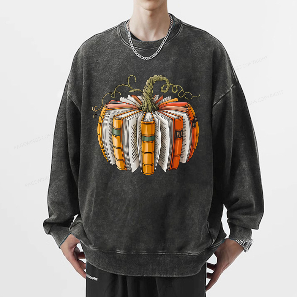 Pagewings Fall Book Pumpkin Unisex Washed Sweatshirt