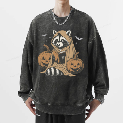 Pagewings Halloween Cute Raccoon Ghost Reading Unisex Washed Sweatshirt