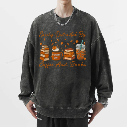 Pagewings Easily Distracted By Coffee And Books Unisex Washed Sweatshirt