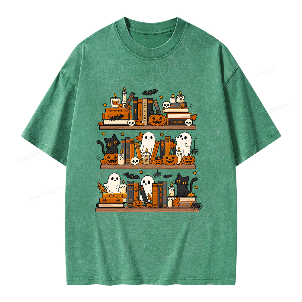 Pagewings Spooky Bookshelf Unisex Washed T-shirt