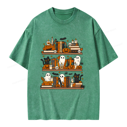 Pagewings Spooky Bookshelf Unisex Washed T-shirt