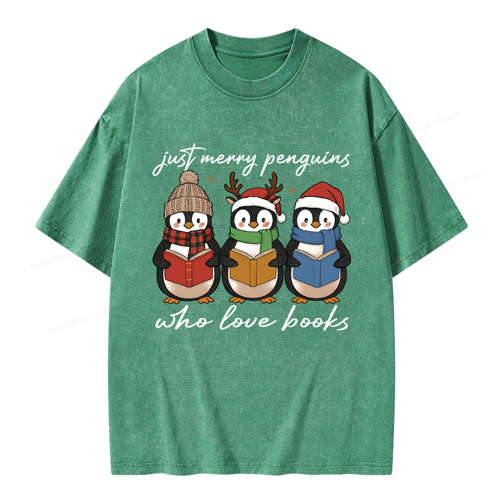 Pagewings Just Merry Penguins Who Love Books Unisex Washed T-shirt