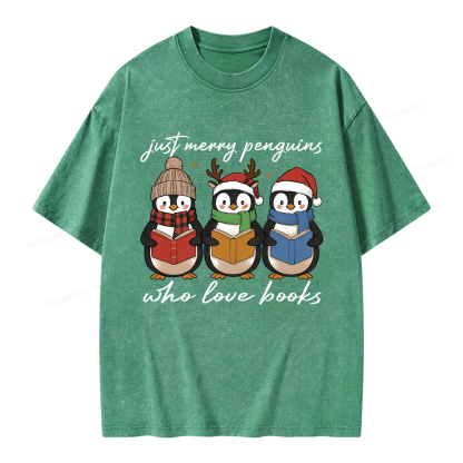 Pagewings Just Merry Penguins Who Love Books Unisex Washed T-shirt