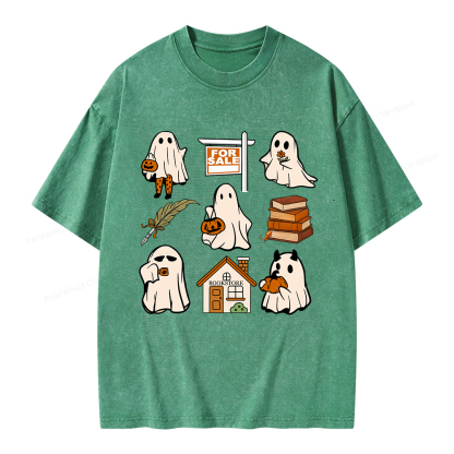Pagewings Halloween Ghosts Going To Buy Books Unisex Washed T-shirt