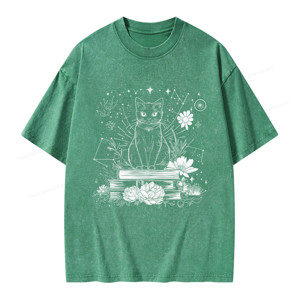 Pagewings Black Cat Book Lover Unisex Washed T-shirt