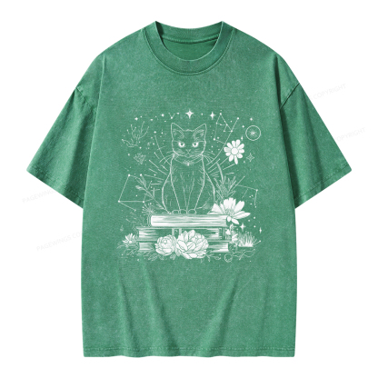 Pagewings Black Cat Book Lover Unisex Washed T-shirt