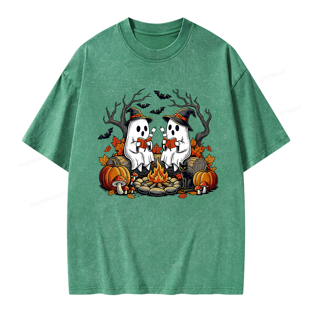Pagewings Bookish Ghost Halloween Fall Camping  Unisex Washed T-shirt
