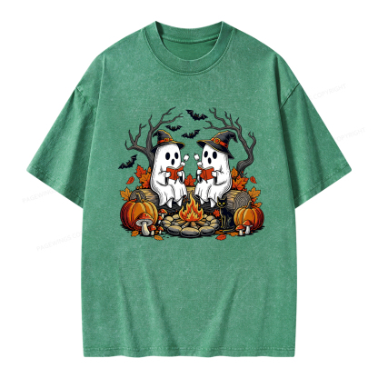 Pagewings Bookish Ghost Halloween Fall Camping  Unisex Washed T-shirt