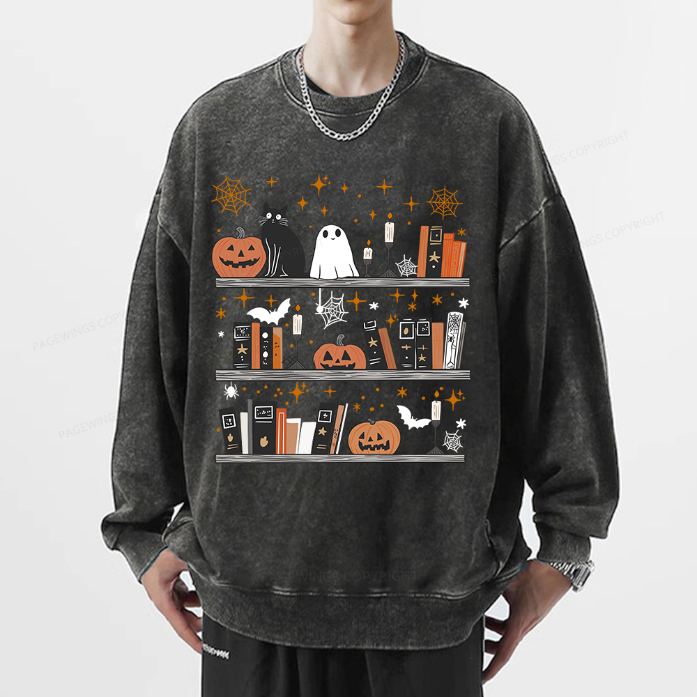 Pagewings Halloween Book Shelf Summerween Unisex Washed Sweatshirt