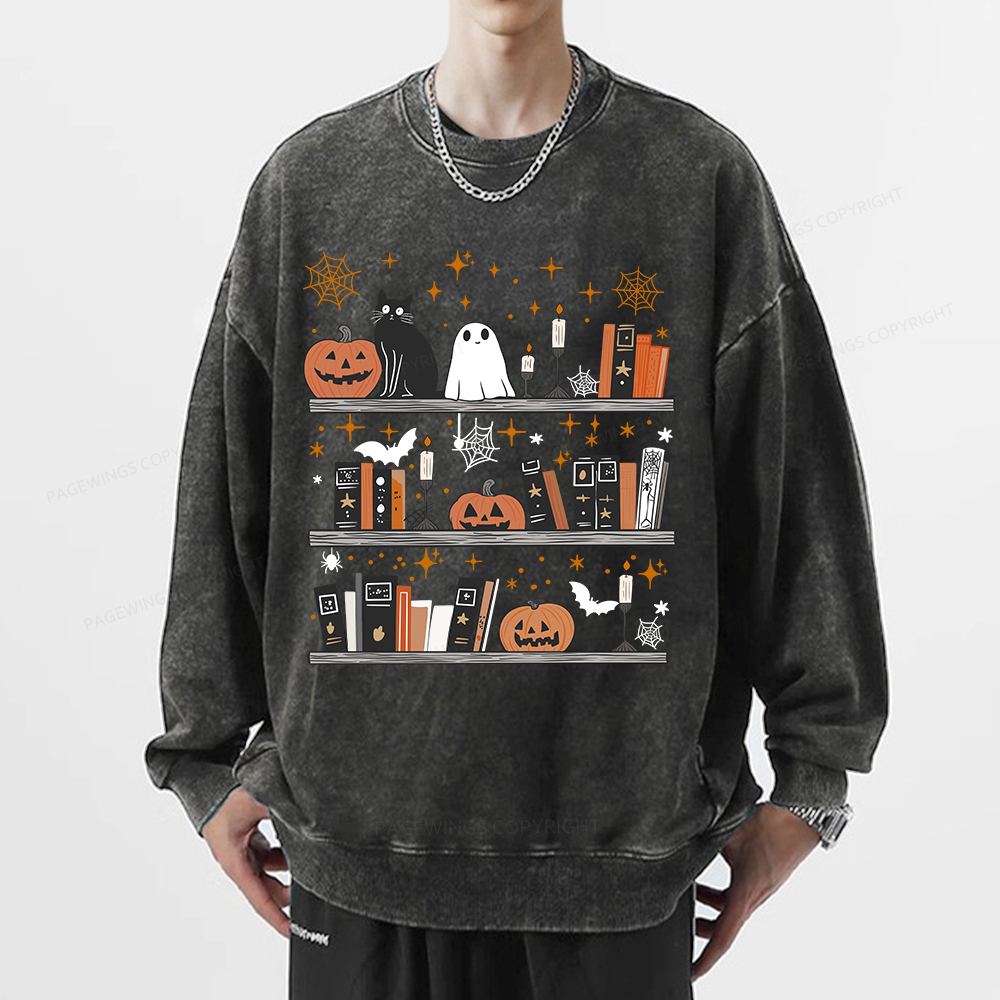 Pagewings Halloween Book Shelf Summerween Unisex Washed Sweatshirt