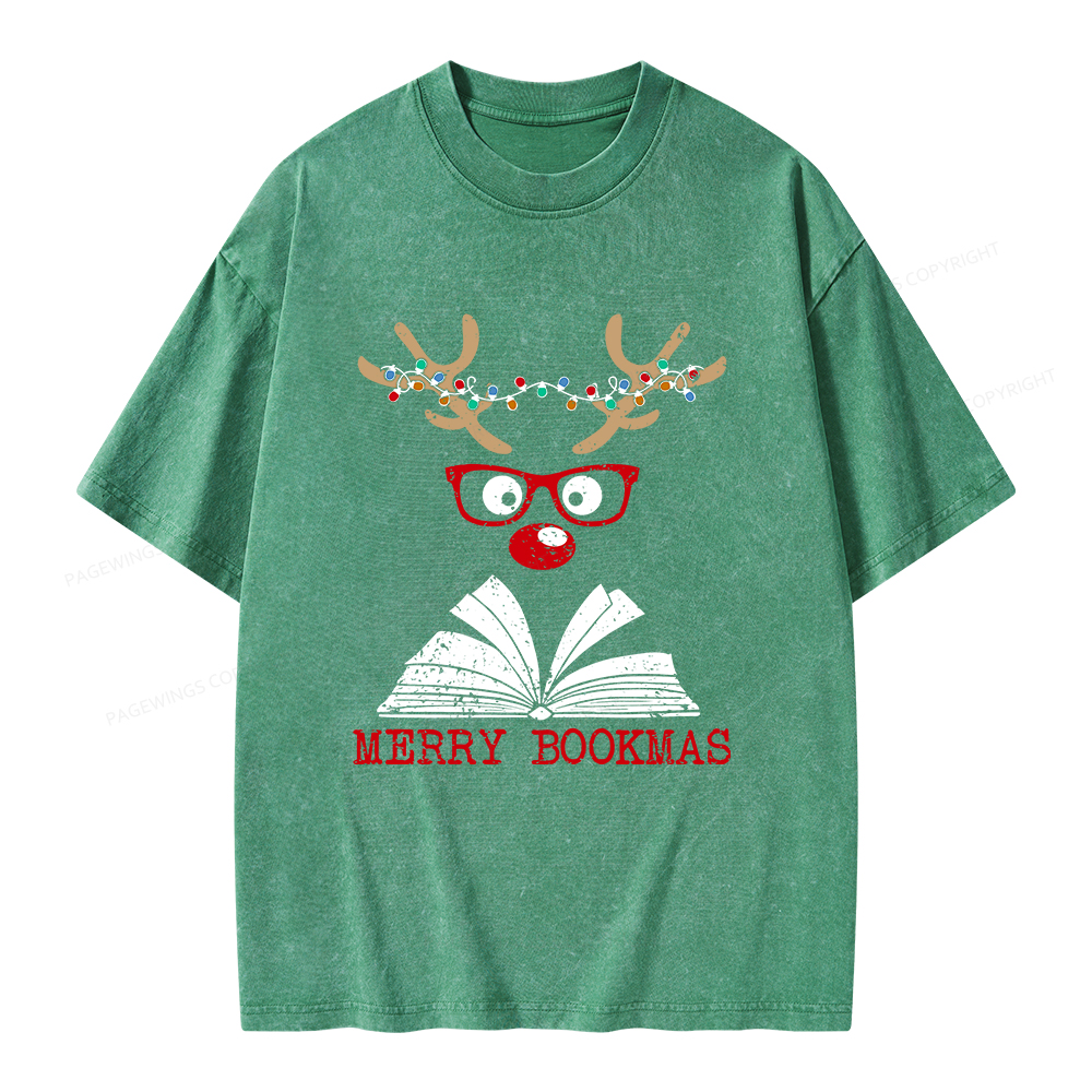 Pagewings Christmas Reindeer Reading Unisex Washed T-shirt
