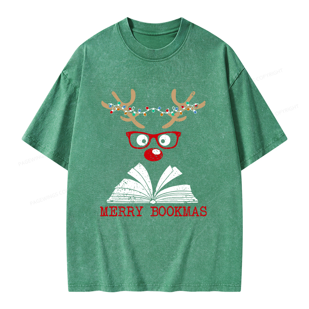 Pagewings Christmas Reindeer Reading Unisex Washed T-shirt