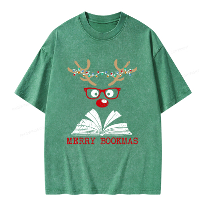 Pagewings Christmas Reindeer Reading Unisex Washed T-shirt