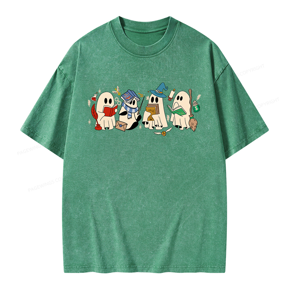 Pagewings Ghost Reading Books Unisex Washed T-shirt