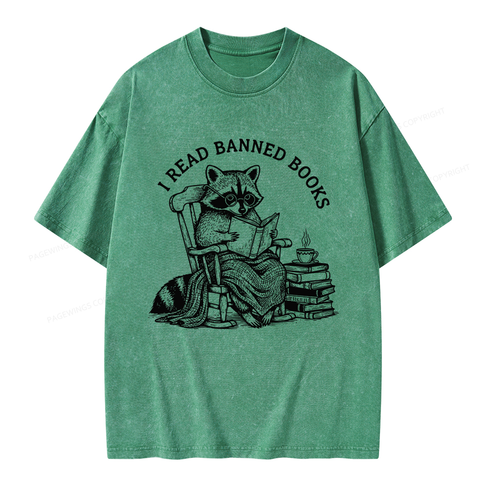 Pagewings I Read Banned Books Raccoon Reading Unisex Washed T-shirt