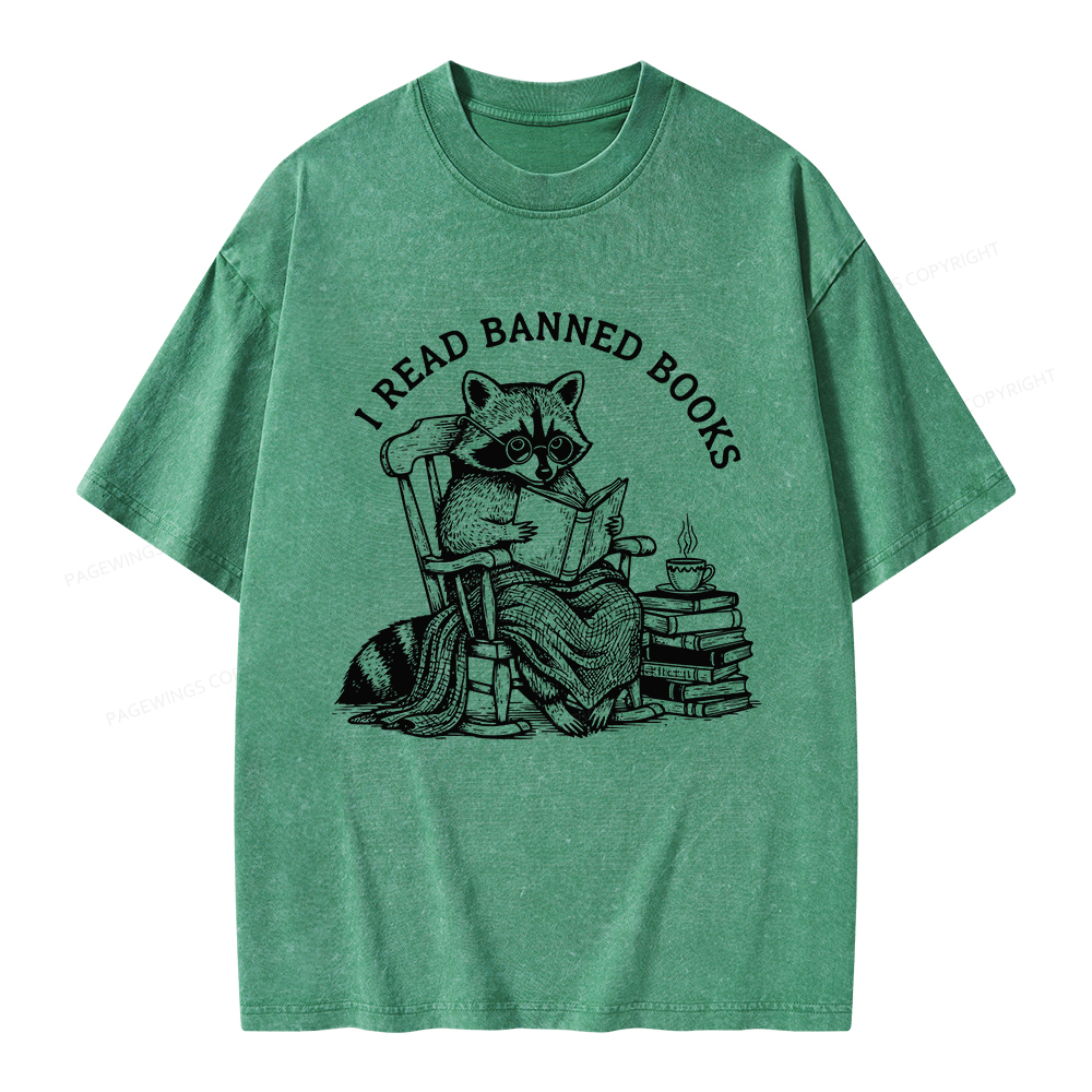 Pagewings I Read Banned Books Raccoon Reading Unisex Washed T-shirt