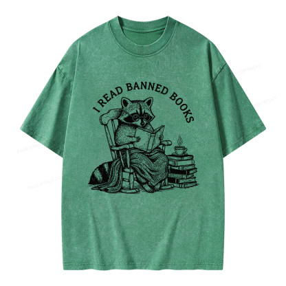 Pagewings I Read Banned Books Raccoon Reading Unisex Washed T-shirt