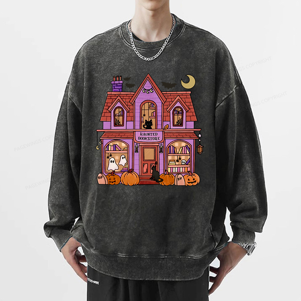 Pagewings Haunted Bookstore Unisex Washed Sweatshirt