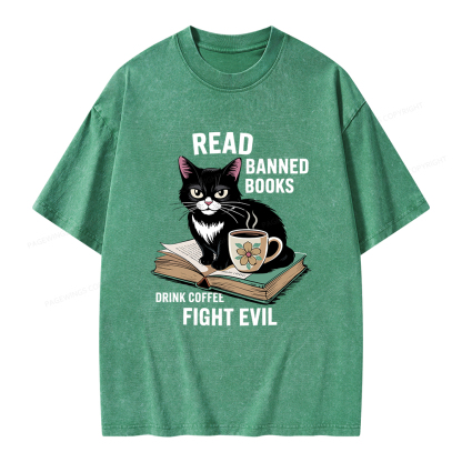 Pagewings Read Banned Books Drink Coffee Fight Evil Unisex Washed T-shirt