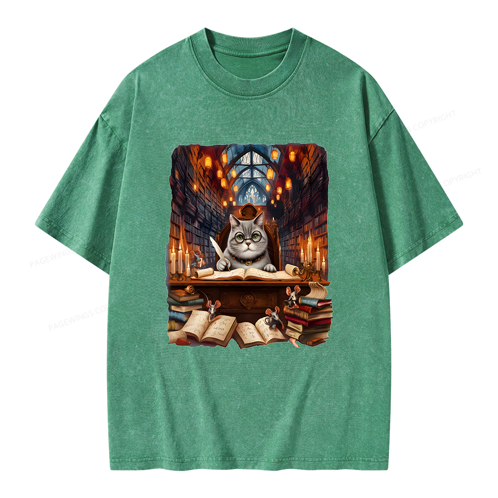 Pagewings Cat Books Unisex Washed T-shirt