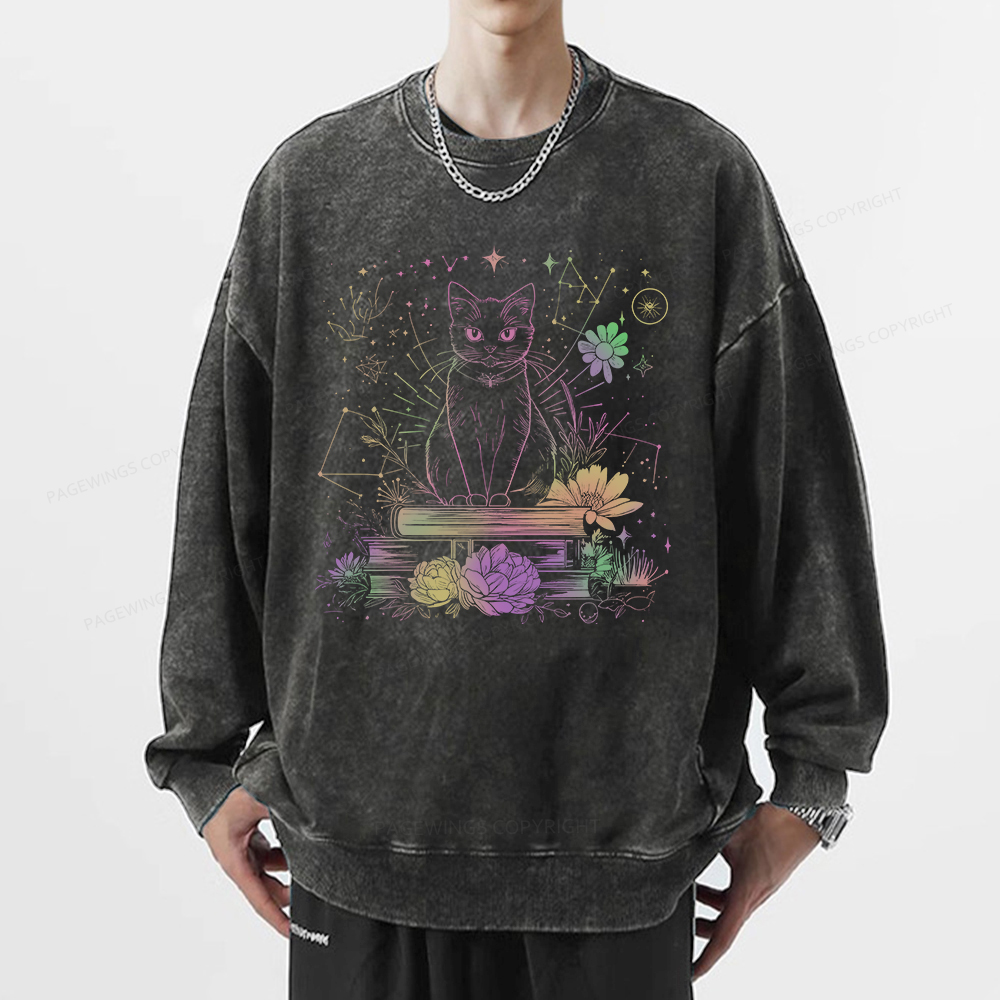 Pagewings Black Cat Book Lover Unisex Washed Sweatshirt