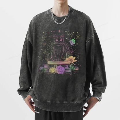 Pagewings Black Cat Book Lover Unisex Washed Sweatshirt
