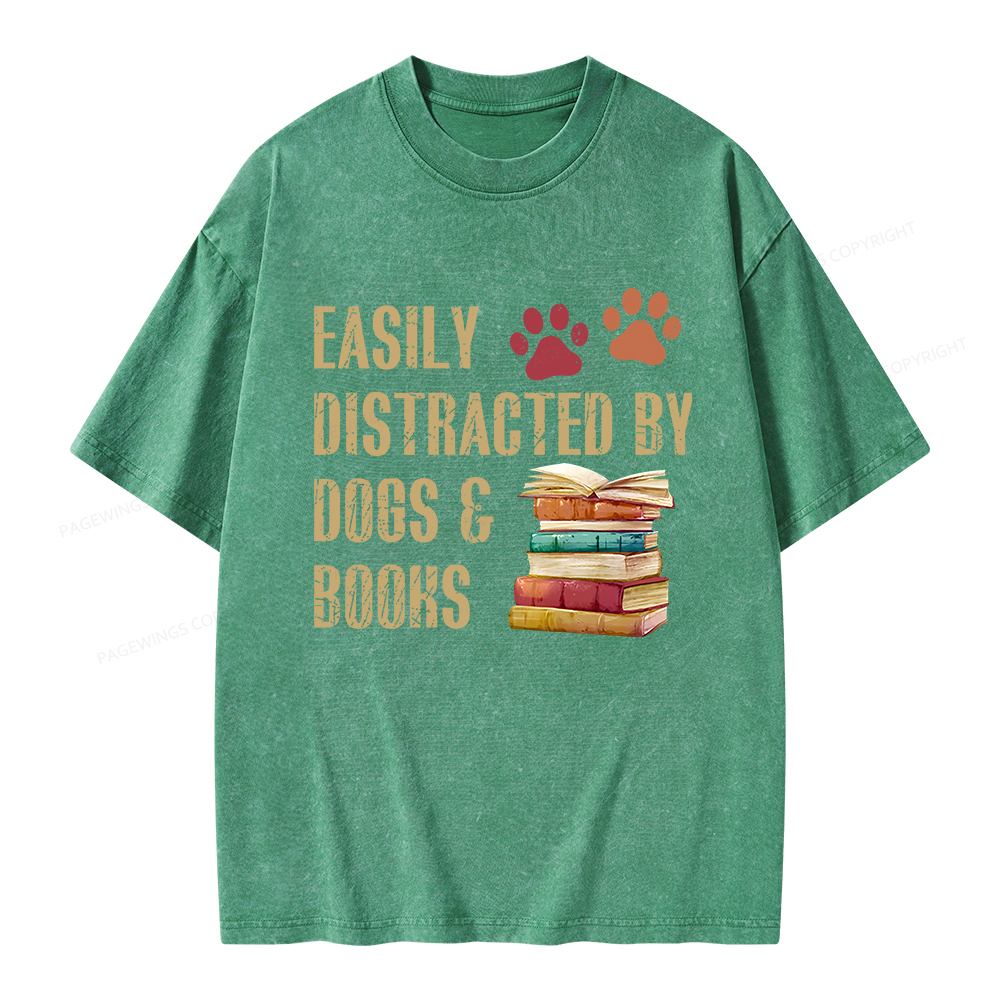 Pagewing Easily Distracted By Dogs And Books Unisex Washed T-shirt