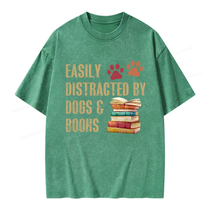 Pagewing Easily Distracted By Dogs And Books Unisex Washed T-shirt